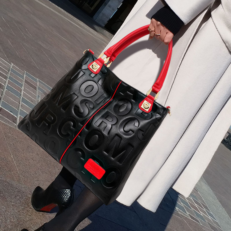Leather Work Bag Women - 정품 소가죽 엠보싱 레터 토트백 탈부착