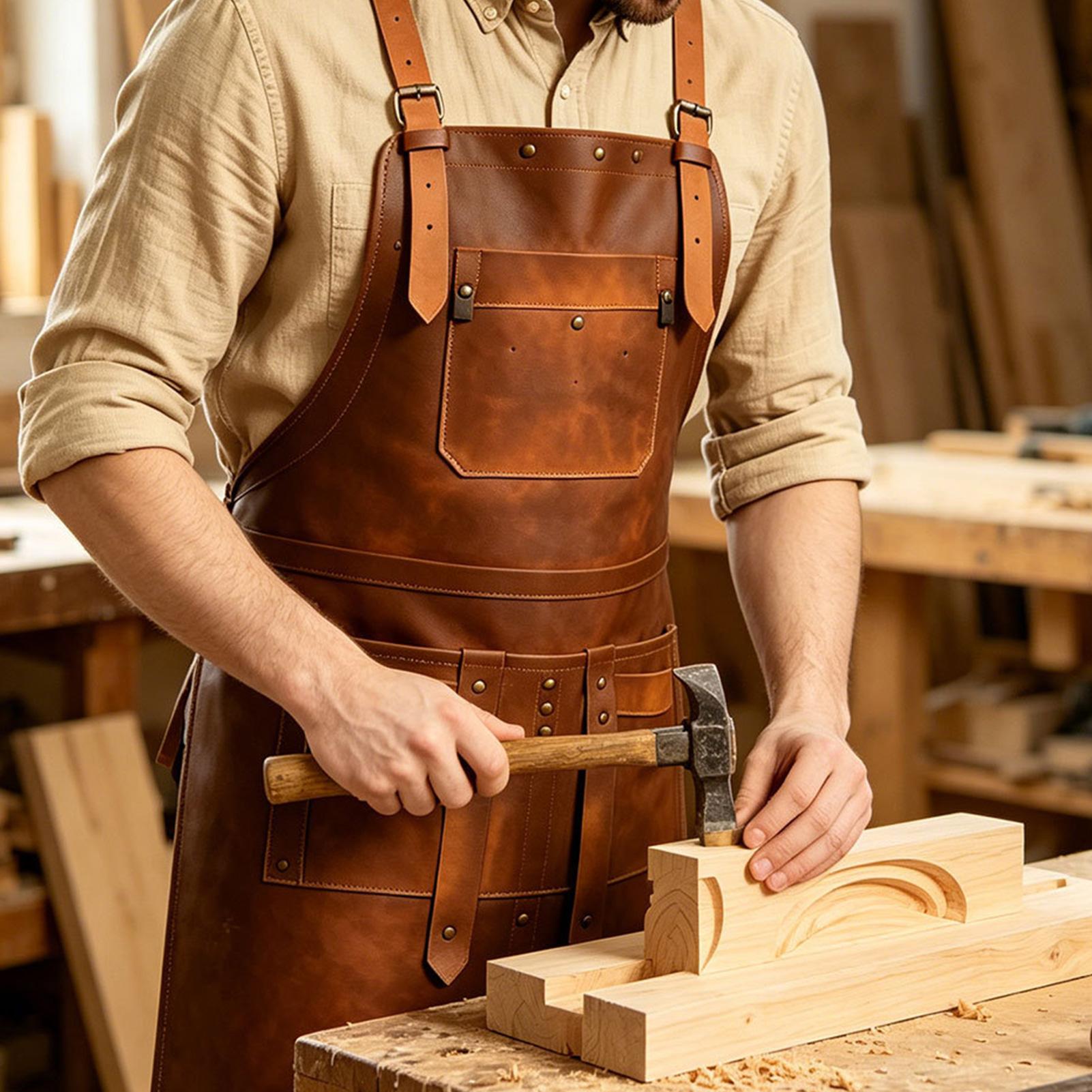 Leatherwork Apron - 다양한 포켓이 있는 가죽 앞치마, 방수