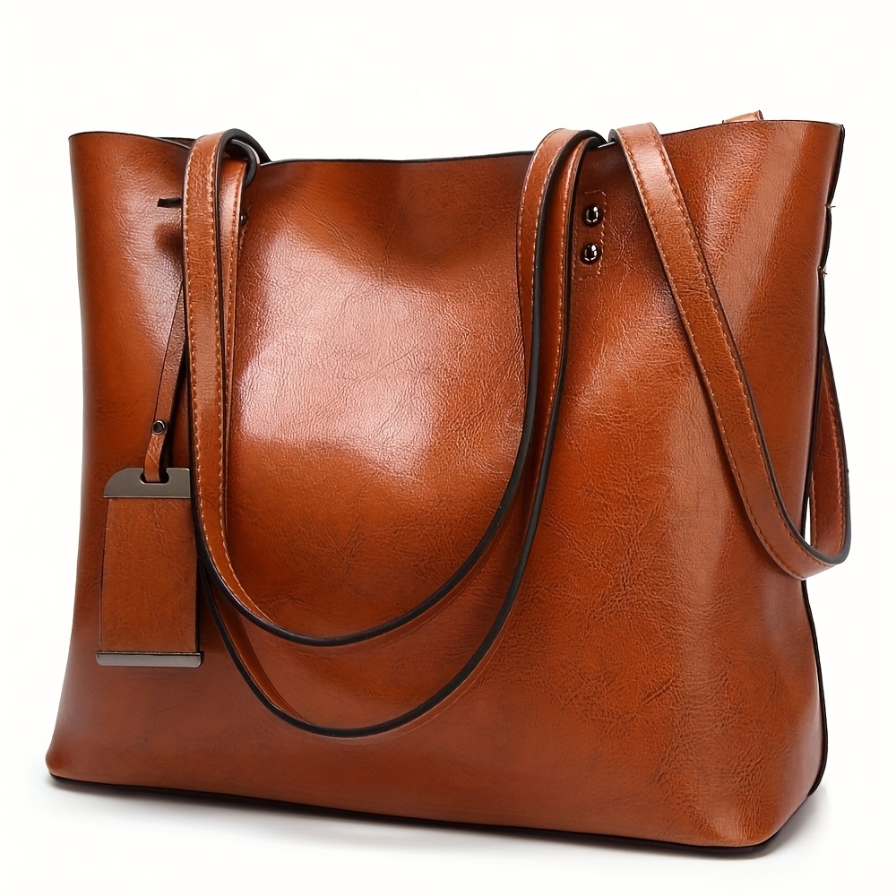Leather Work Bag Women - 여성용 클래식 레트로 가죽 토트 핸드백