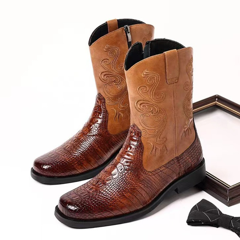 자수 남성 부츠 레트로 카우보이 부츠 새로운 PU 가죽 - Leather Work Western 리뷰 및 가격